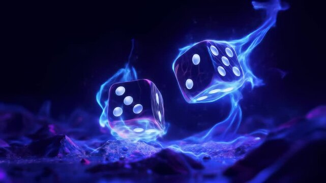 Glowing Dice with Fiery Auras in Futuristic Setting