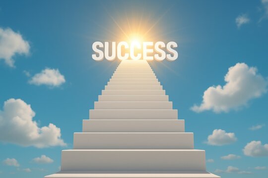 Ascending to Success: A symbolic representation of ambition and achievement, with a stairway leading towards the word SUCCESS illuminated by a radiant light.