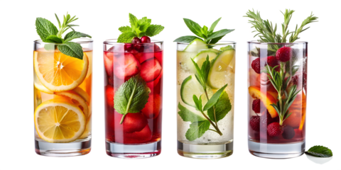 Four refreshing fruit infused water drinks with herbs and ice isolated on transparent background