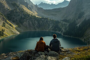 Fototapeta premium Hiking pair taking a break by lake, seated on rocky terrain, scenic nature view