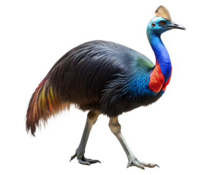 Southern cassowary bird with blue neck and red wattle isolated on transparent background