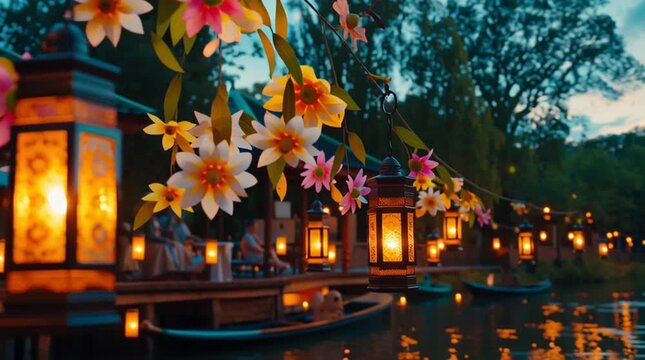 loy krathong glowing lanterns night, artistic krathong floating in sky, thai festival night sky transparent, krathong and lantern blending with sky illustration
