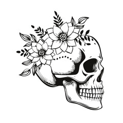 Floral Skull Vector Side &ndash; Line Art for Apparel and Tattoo Design