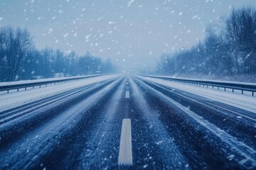 Highway 40 in winter with slushy road, POV from driverâ€™s perspective, light snowfall