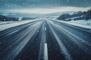 Highway 40 in winter with slushy road, POV from driverâ€™s perspective, light snowfall