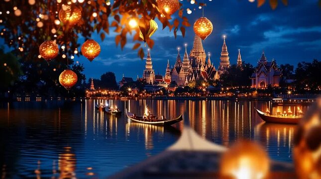 loy krathong glowing lanterns night, artistic krathong floating in sky PNG, THAI festival night sky transparent, artistic Loy krathong floating lantern scene, surreal glowing thai festival night 
 