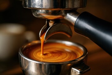 Rich crema flowing from espresso machine into cup in cozy cafe