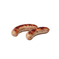 Two grilled sausages on a white isolated background, showcasing a delicious, savory appearance suitable for culinary presentations and food-themed projects.