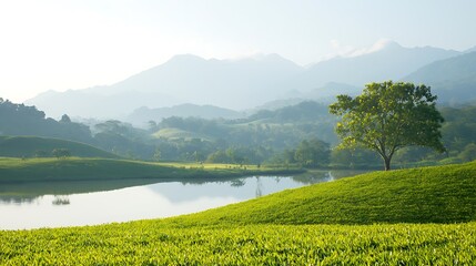 Serene misty mountains overlooking lush green rolling hills and calm lake