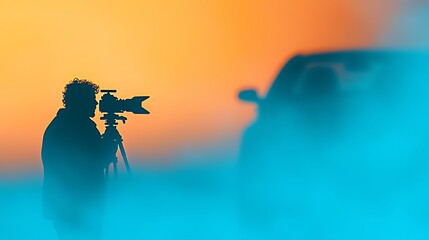 Silhouette of a photographer capturing a car at sunset with vibrant sky colors