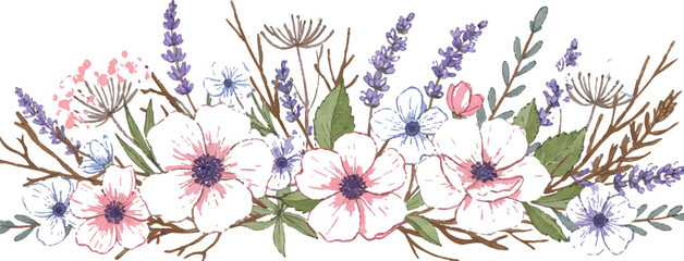 Nature-themed horizontal divider with wildflowers and branches, balanced and stylized, Adobe Illustrator