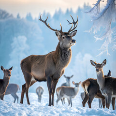 Majestic stag and deer herd grazing in a snowy winter landscape