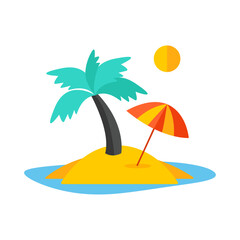 Tropical Paradise: A vivid illustration of a secluded tropical island, complete with a vibrant palm tree, a sheltering parasol, the warm glow of the sun, and crystal-clear waters.