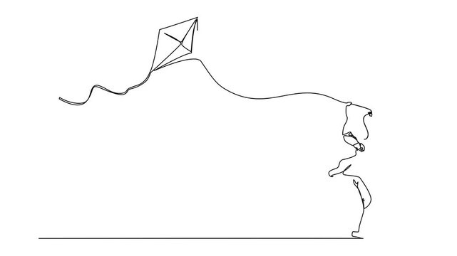 Self drawing animation of single continuous line drawing dad and daughter have fun, fly kite. Father carrying daughter on shoulders, playing and running in the park. Full length animated