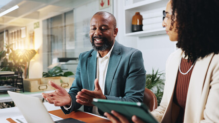 Tablet, teamwork and laptop with business people in office for planning, account manager or...