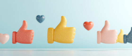 Floating colorful thumbs up and heart emojis on blue background with glowing effect, expressing positive and happy emotions