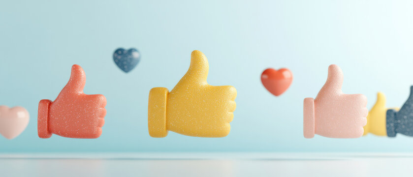 Floating colorful thumbs up and heart emojis on blue background with glowing effect, expressing positive and happy emotions