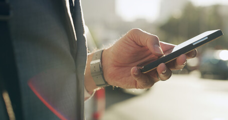 Business, hands and man with phone in city for ride booking, check schedule or morning commute....