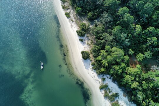 Arial View Trees. Beautiful Sandy Beach with Blue Ocean View in North Carolina