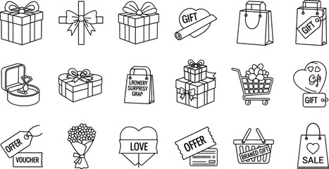 Vector icon set of gift-related items
