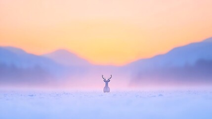 Majestic white deer stands alone in a snowy field at sunrise