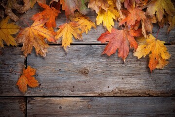 Obraz premium Autumn Background with Wooden Planks and Falling Leaves. Retro Style in Shabby Brown Tones