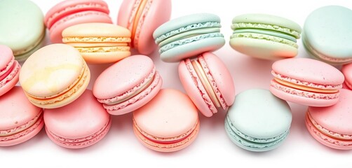 Obraz premium Delicate pastel macarons arranged artfully on white background, white background, pastel