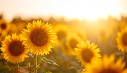 Obraz premium Sunflowers in full bloom at sunset, a picturesque landscape of golden hues and warm light across vast field