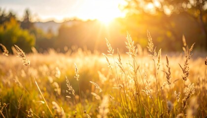 Golden hour in a meadow, sundrenched grass field landscape. radiant nature photography of serene, sunlit meadow.