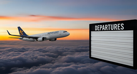 Airplane soars above fluffy clouds near an airport departure board, bathed in the warm glow of sunrise or sunset, evoking travel and aviation themes.
