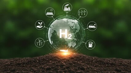 a composite featuring a digital representation of a globe with a H2 Hydrogen symbol, surrounded by energy-related icons, set against a natural background of soil and green foliage. - Powered by Adobe