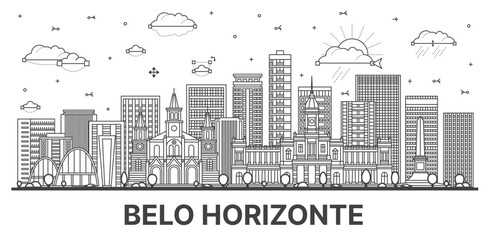 Fototapeta premium Outline Belo Horizonte Brazil city skyline with modern and historic buildings isolated on white. Illustration. Belo Horizonte cityscape with landmarks.