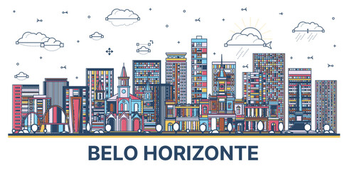 Obraz premium Outline Belo Horizonte Brazil city skyline with colored modern and historic buildings isolated on white. Illustration. Belo Horizonte cityscape with landmarks.