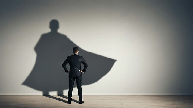 Businessman Observing Superhero Shadow On White Wall Depicting Vision Of Success And Achievement