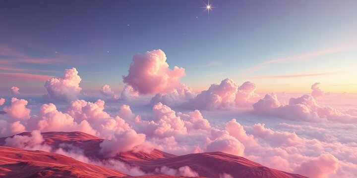 Pastel clouds and stars drift across a vibrant, stylized landscape, happy, pastel