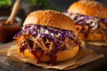 BBQ Pulled Pork: Closeup of Homemade Pulled Pork Burger with Coleslaw and BBQ Sauce