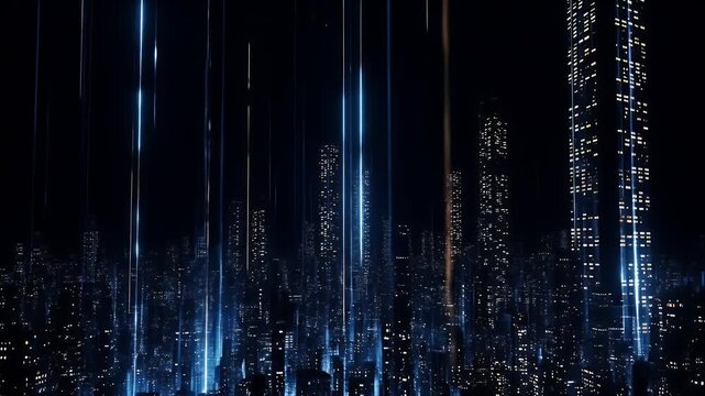 Night cityscape with glowing vertical light beams