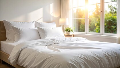 Experience ultimate comfort, dive into a bed with fresh white sheets and plush pillows for truly restful sleep.