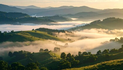 Naklejka premium Misty valley vista, fog, trees, and the enchanting embrace of nature's wilderness