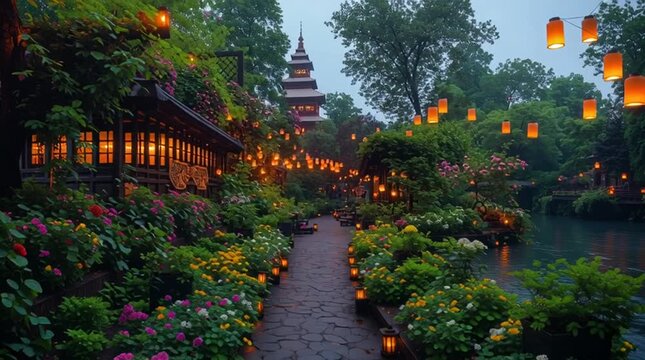 riverside temple with floating lanterns, spiritual thai temple night scene PNG, glowing temple festival lights transparent, thai temple night with floating lanterns 
 