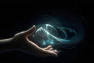 Hand Holding Glowing Energy Orb: Magical Light Trails, Fantasy Power Concept, Dark Background, Abstract Art, Digital Illustration