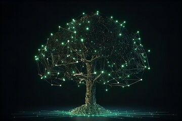 Digital Tree of Life: AI Neural Network Tree with Glowing Nodes on Dark Background - Technology & Nature Concept