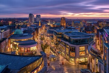 Birmingham UK. Twilight Skyline of Business District with Bullring Shopping and Cathedral Landmark