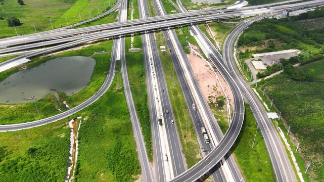 Drone footage aerial view bridge intersection between the highway numbers 290 and 304 Nakhon Ratchasima