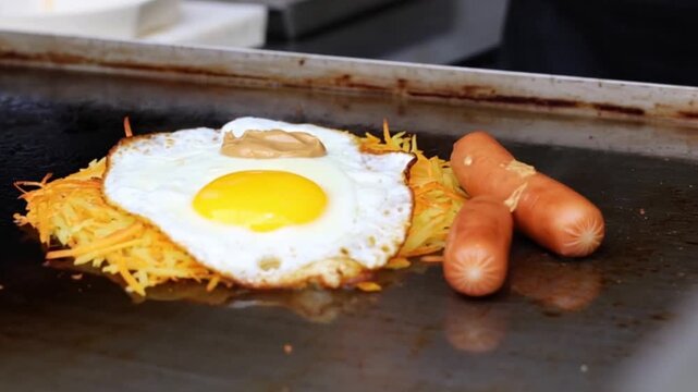  A sizzling Ecuadorian griddle fries up llapingachos &mdash; cheesy potato patties. A fried egg lands perfectly on top, and the dish is plated with peanut sauce and chorizo