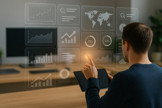 Male professional analyzing global business data on digital financial dashboard