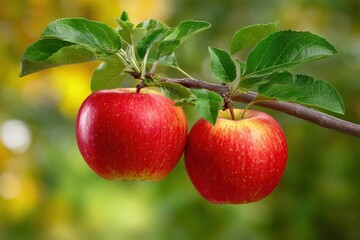Obraz premium Two red apples hang on a branch amid green leaves set against a blurred green and yellow background
