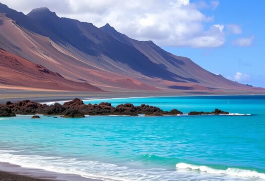 Tranquil Famara Beach, Lanzarote; turquoise ocean meets dramatic volcanic mountains,  tourism,  tranquil