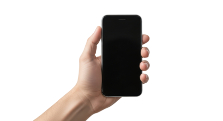Hand Holding Black Smartphone in Vertical Orientation with Empty Screen on Transparent Background