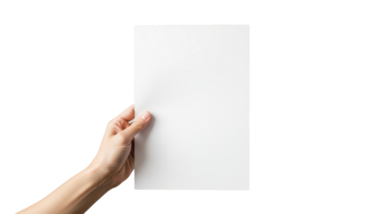 Hand Holding White Blank Paper Against Transparent Background for Advertising or Presentation